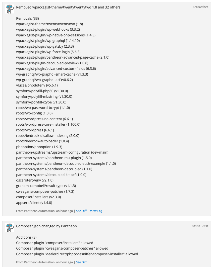 Pantheon update removing Composer packages