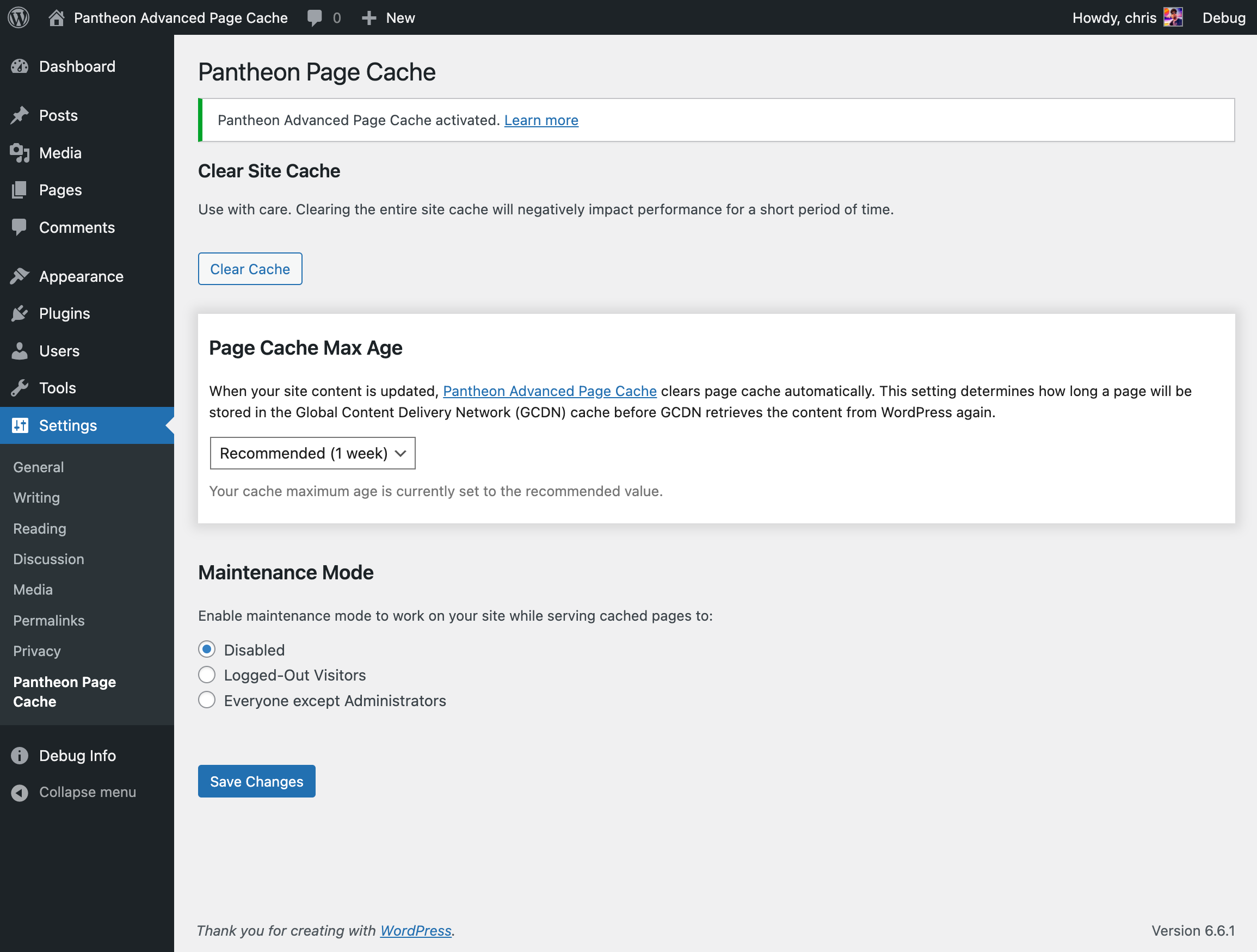 WordPress Pantheon Cache settings