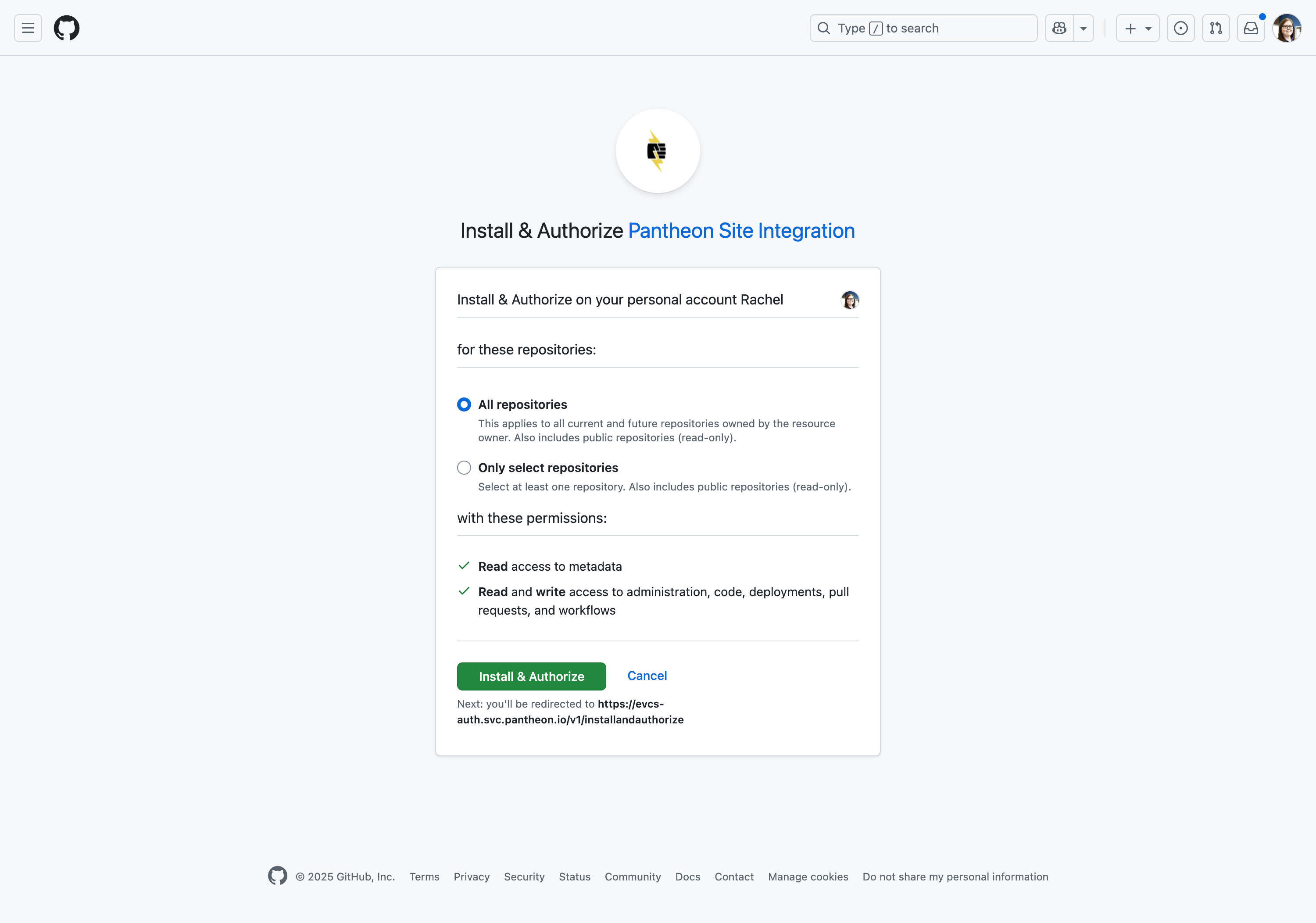 Authorize access for Pantheon's GitHub Application across all repositories