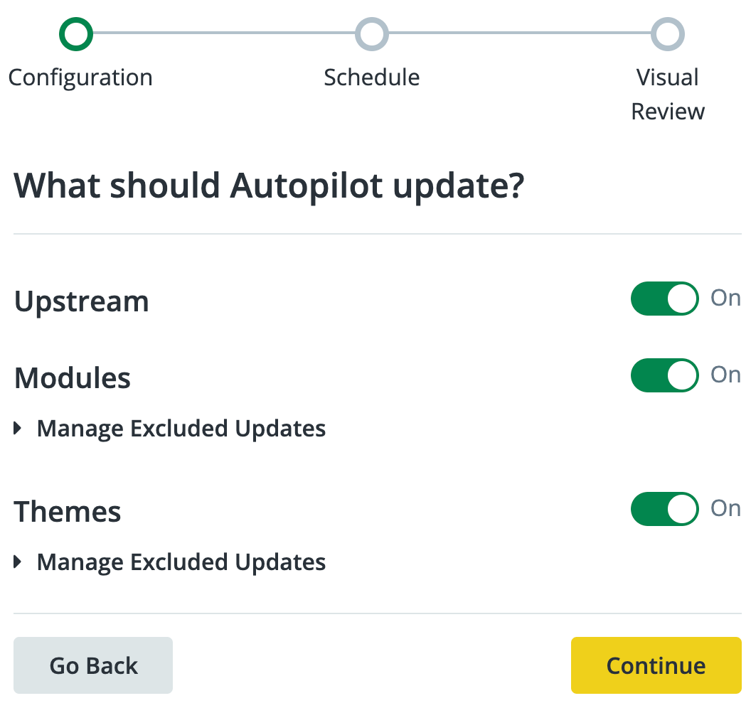 Autopilot Setup - Configuration screen. Select whether Autopilot should track changes to the Upstream, plugins, or themes.