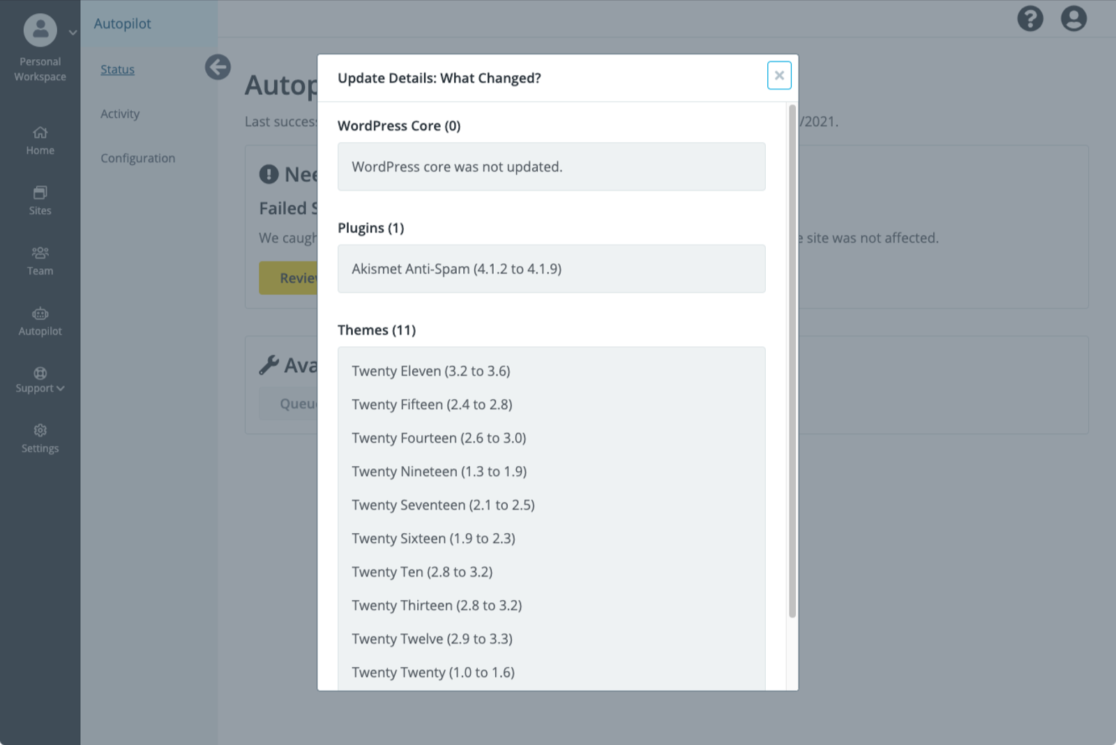 Autopilot Update Details shows a list of updates and the versions