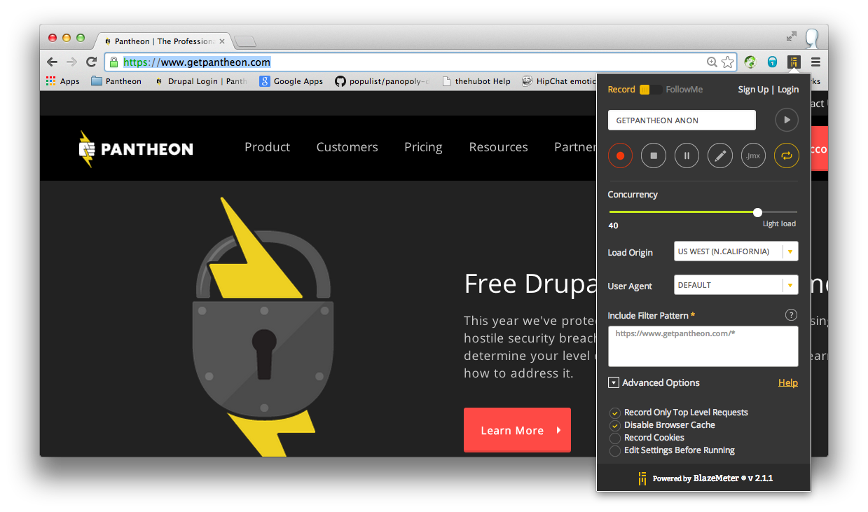 The BlazeMeter settings window