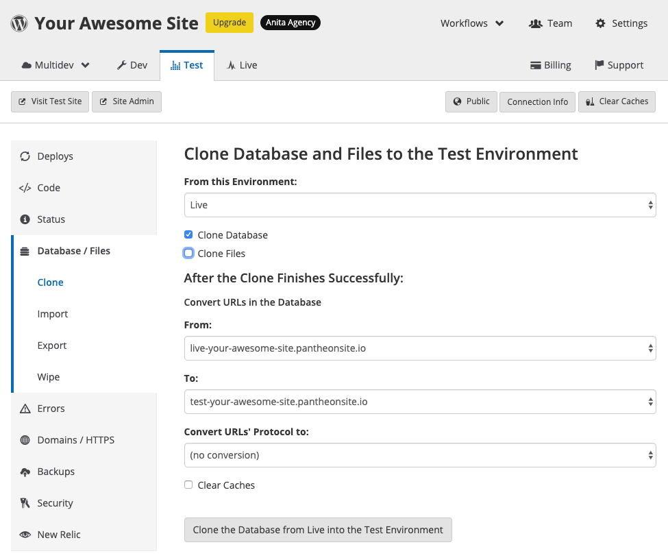 clone content from live into test