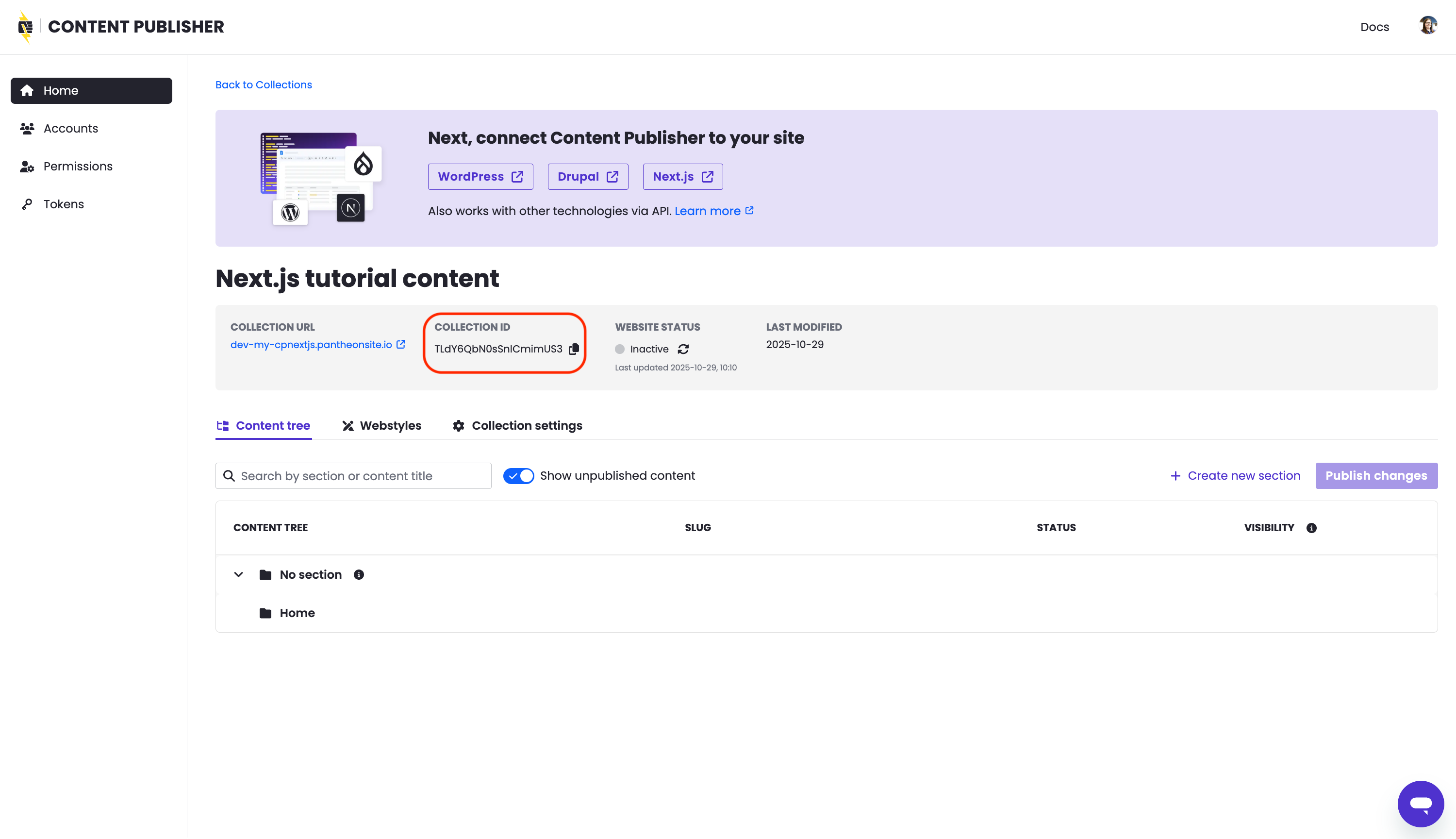 Screenshot from the Content Publisher dashboard highlighting the collection ID