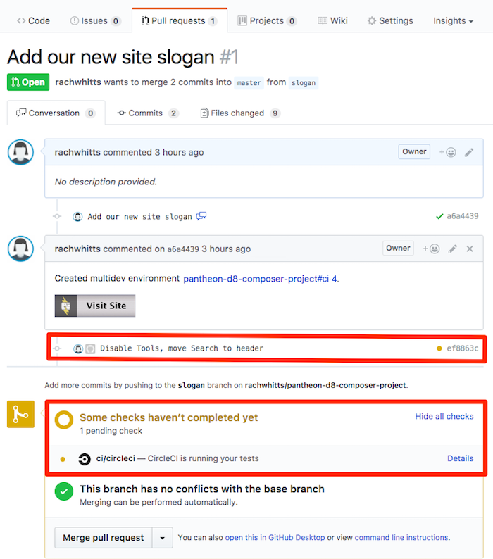 Pantheon Dashboard Multidev tab shows files changed, ready for commit