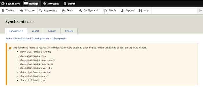 Configuration synchronization showing which configurations have changes since last import