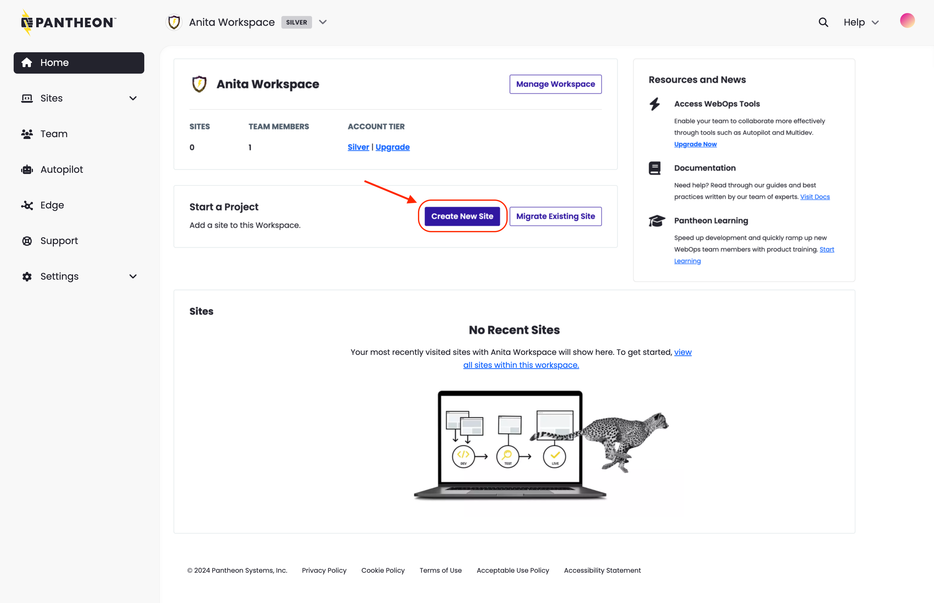 Create new site button