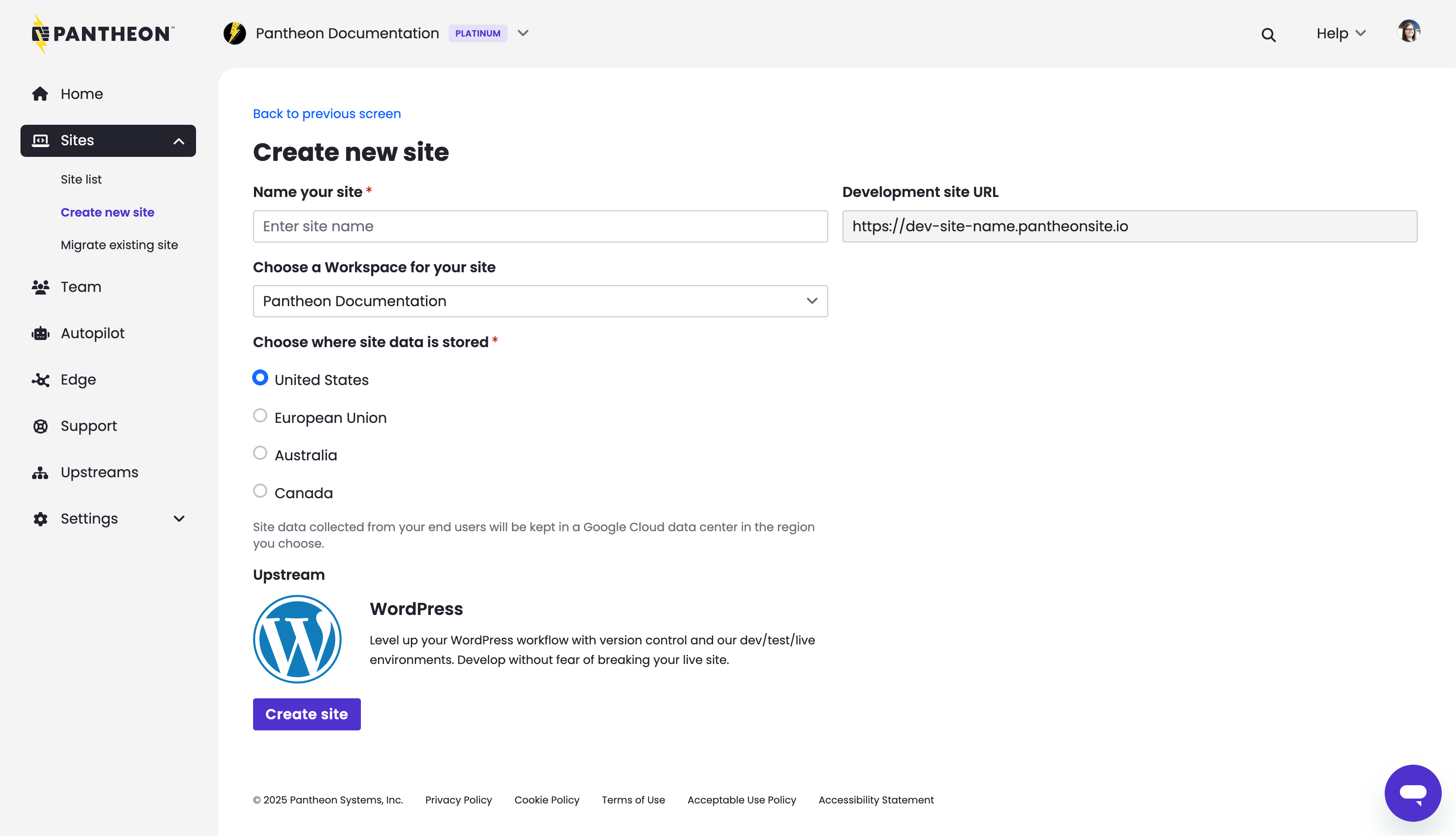 New user interface showing the creation of a WordPress site in the dashboard