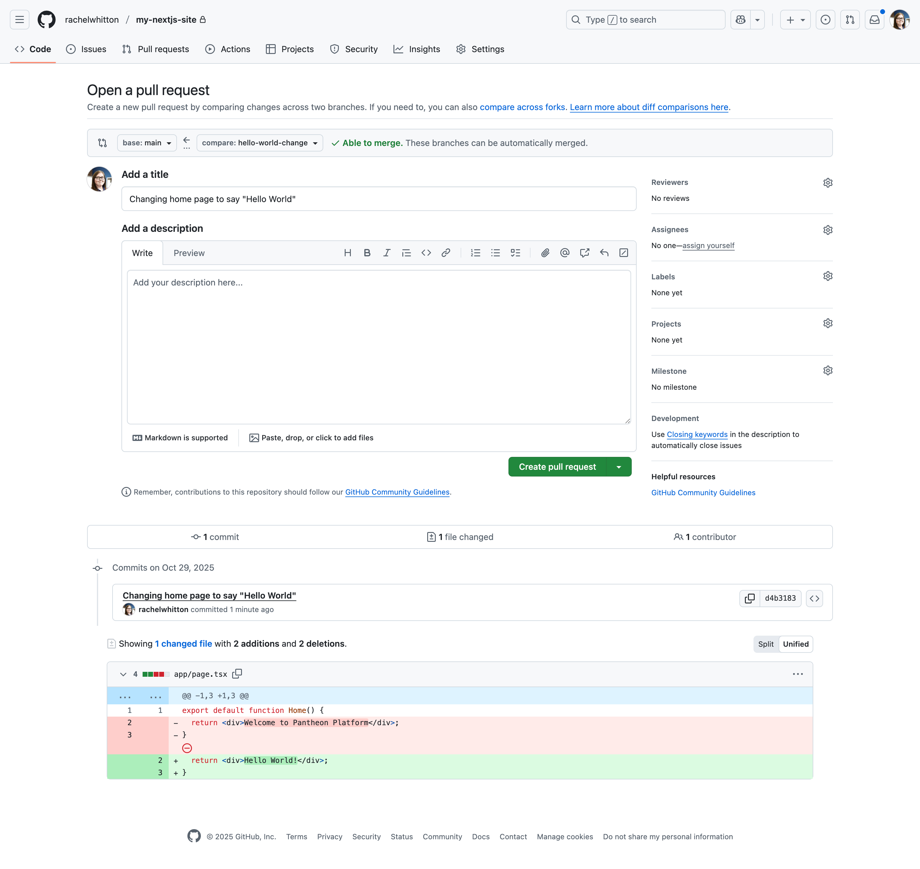 Create a Pull Request in GitHub after pushing changes