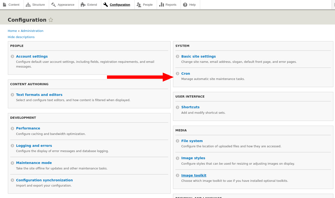 The Drupal admin interface with a Cron listing under System.