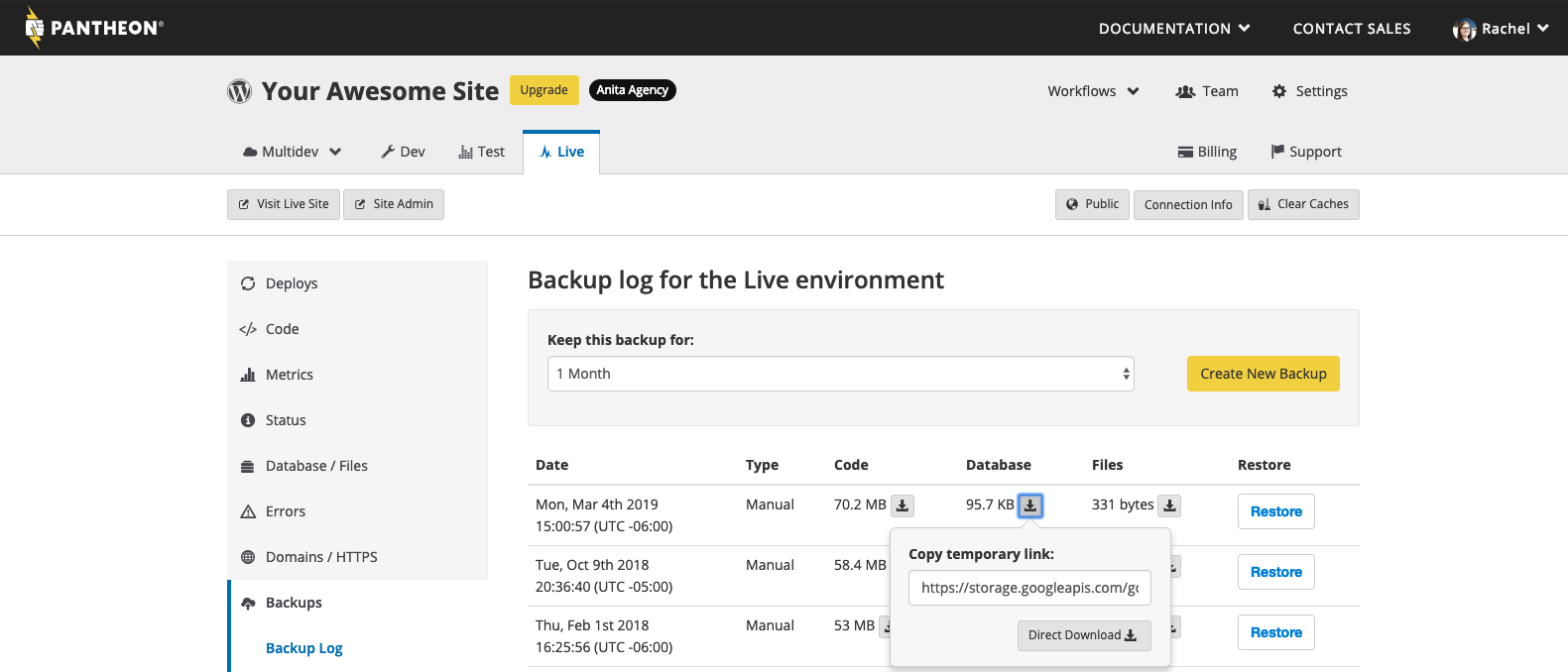 Get backups from the Pantheon Dashbaord