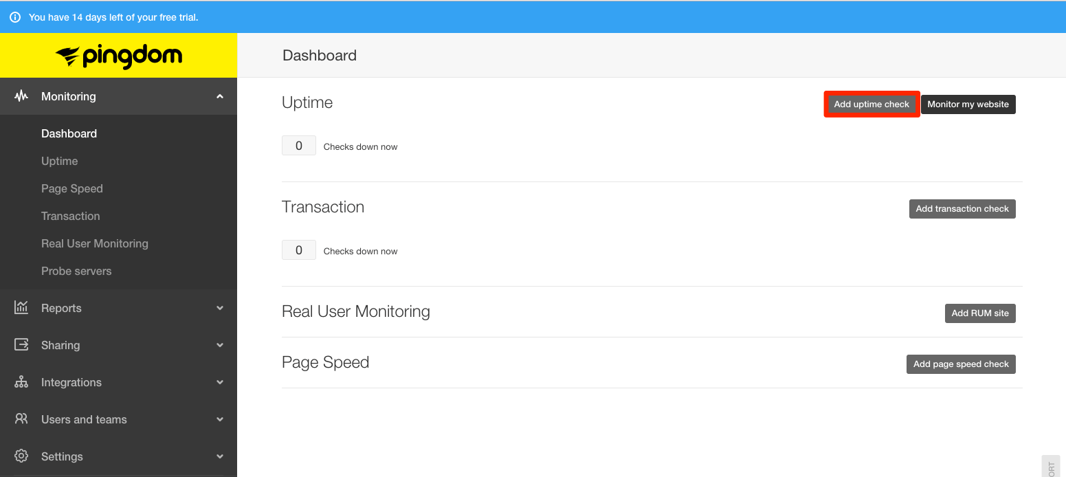 My.pingdom.com dashboard