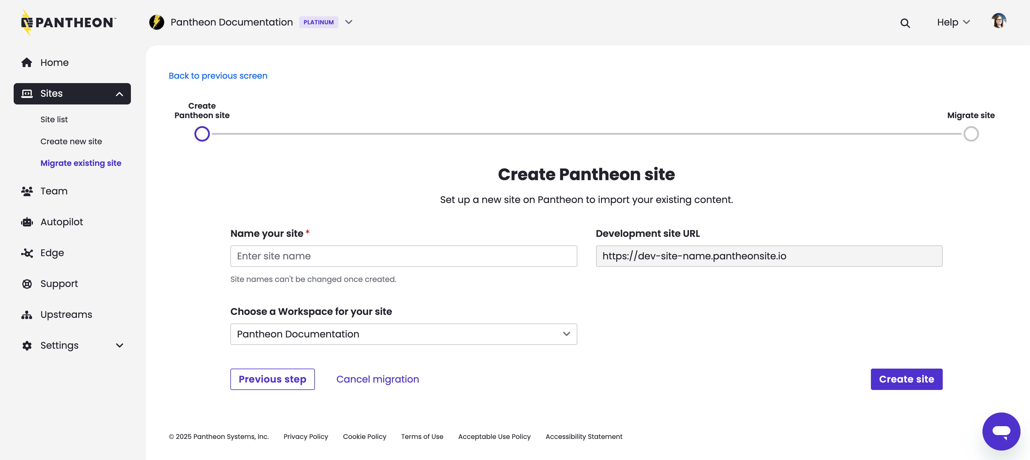 Site creation form for Drupal 7 migrations prompting user to input site name and associated workspace