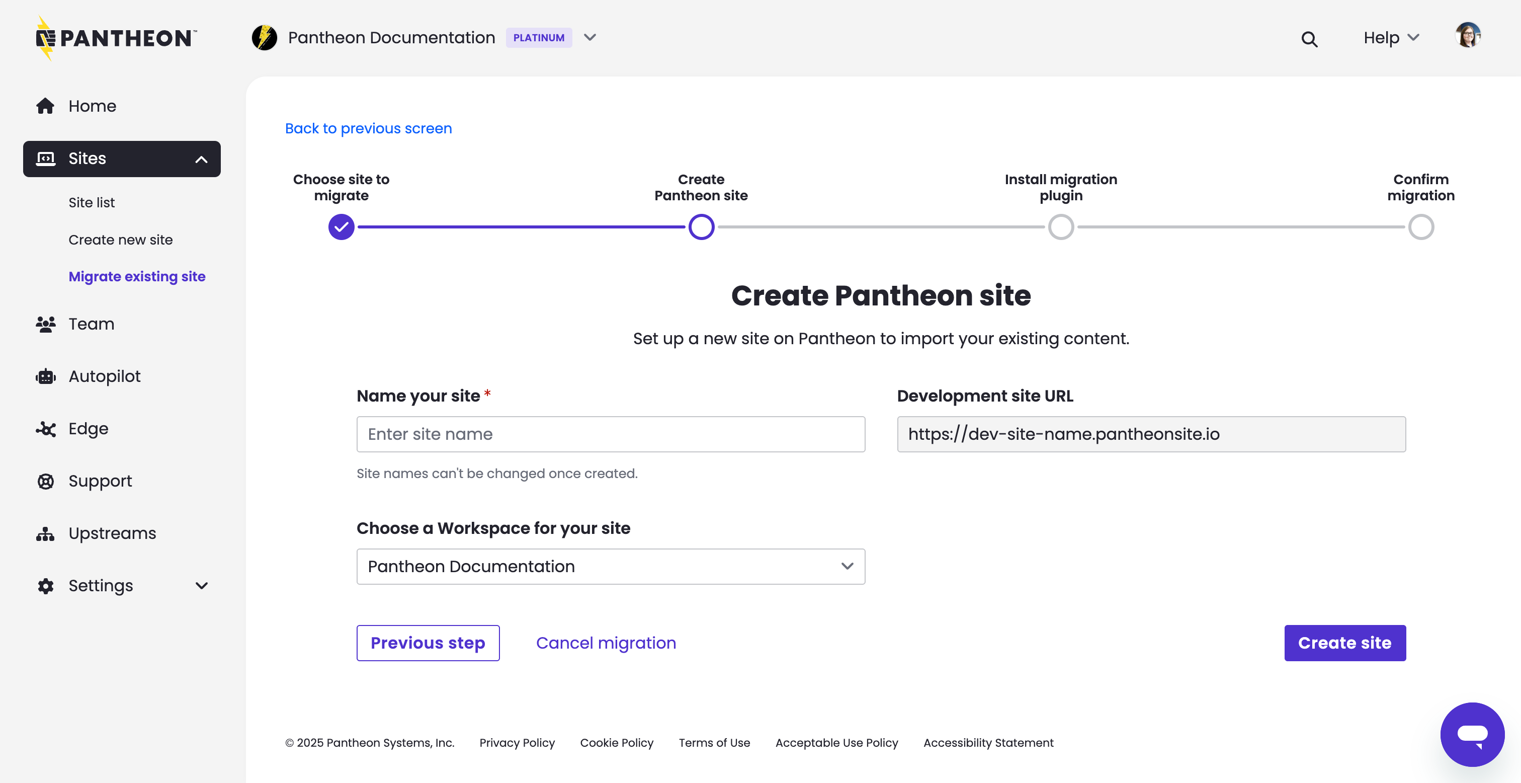 Site creation form for WordPress migrations prompting user to input site name and associated workspace