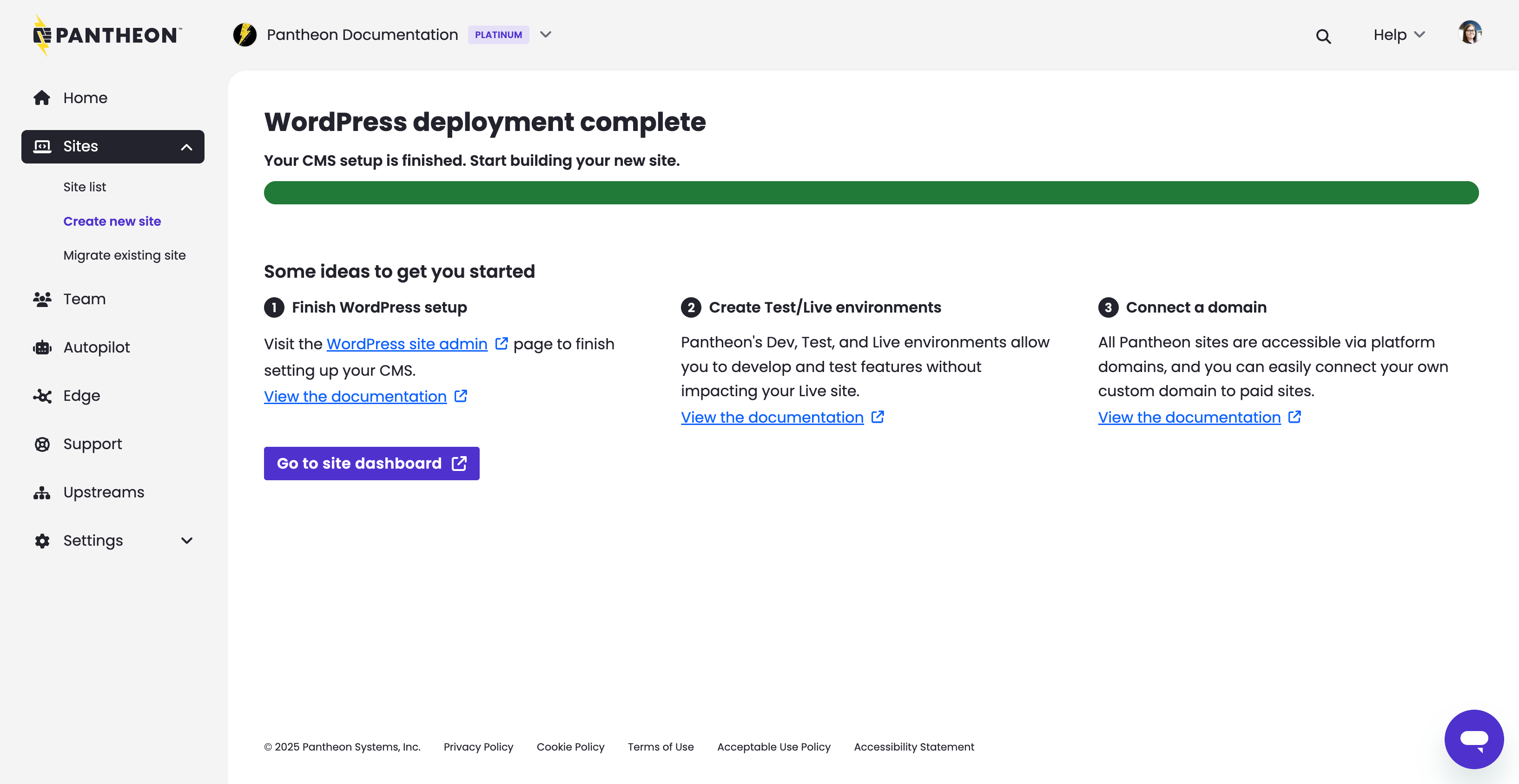 New user interface showing the completion of deploying a new WordPress site in the dashboard