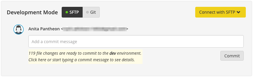 A snapshot of a Pantheon Site Dashboard showing 119 uncommitted changes to the code