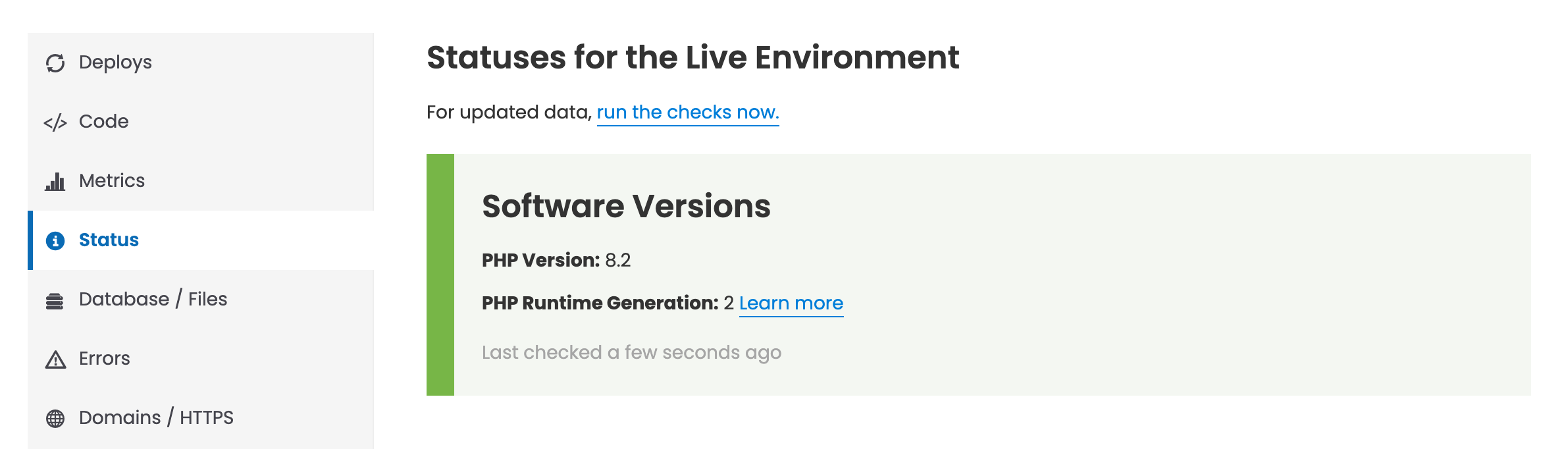 Software Versions block on the Status screen