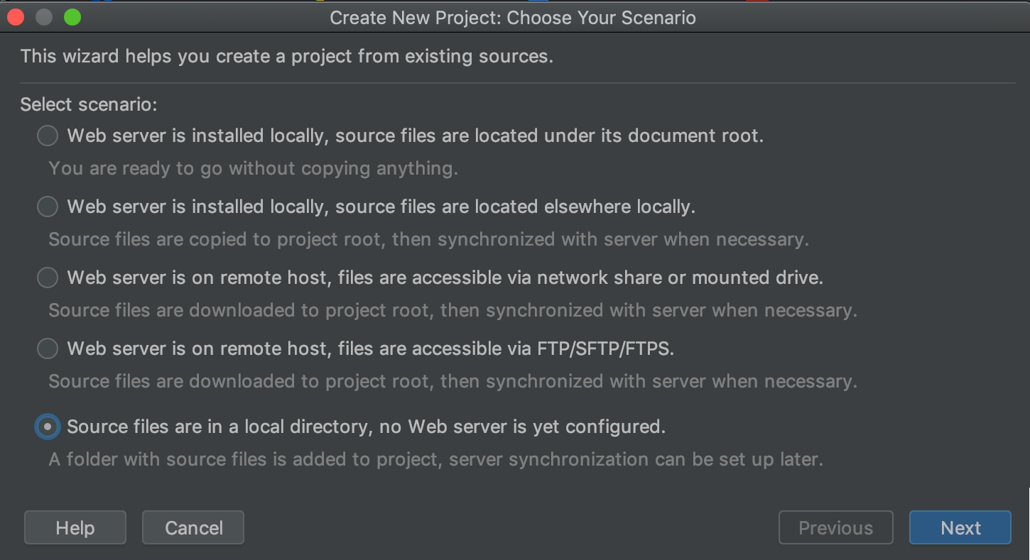 PHPStorm new project wizard