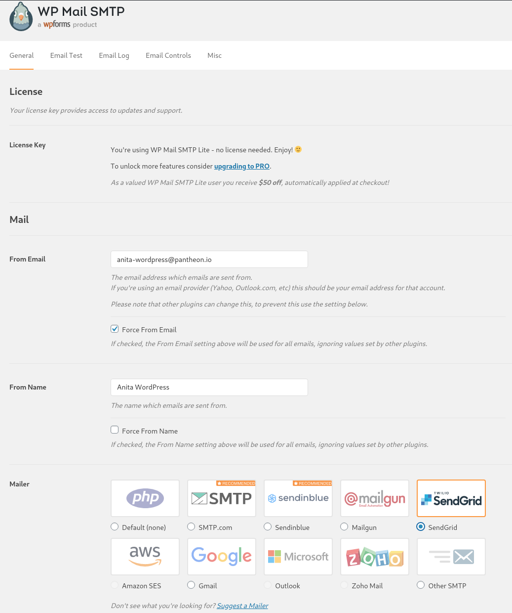 The plugins settings page for WP Mail SMTP