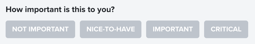 Public roadmap feedback prompt for assigning severity options include not important, nice-to-have, important, and critical