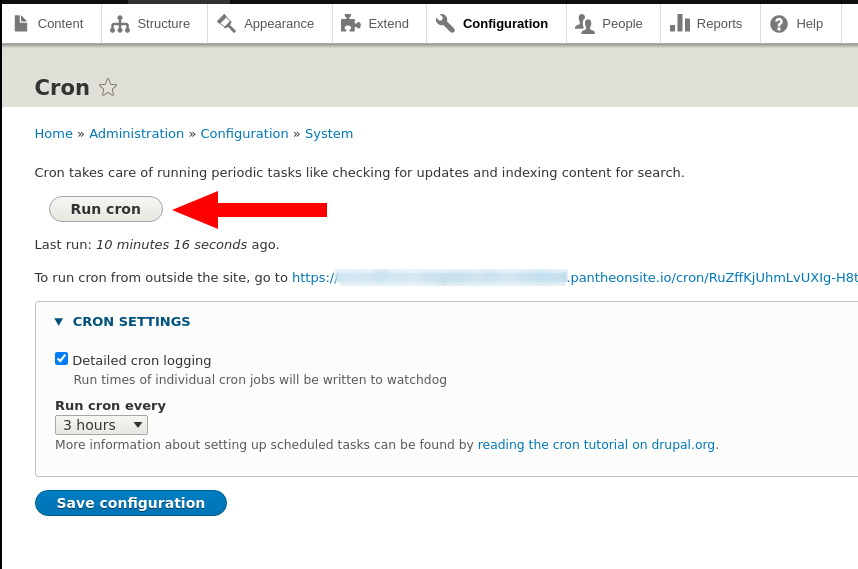 The "Run cron" button in the Drupal admin interface.