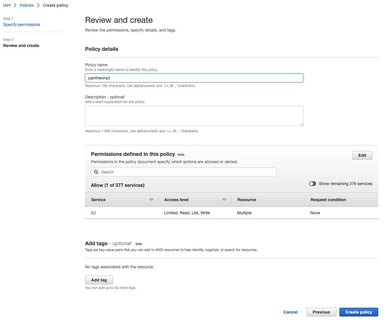 Create AWS S3 access step 3