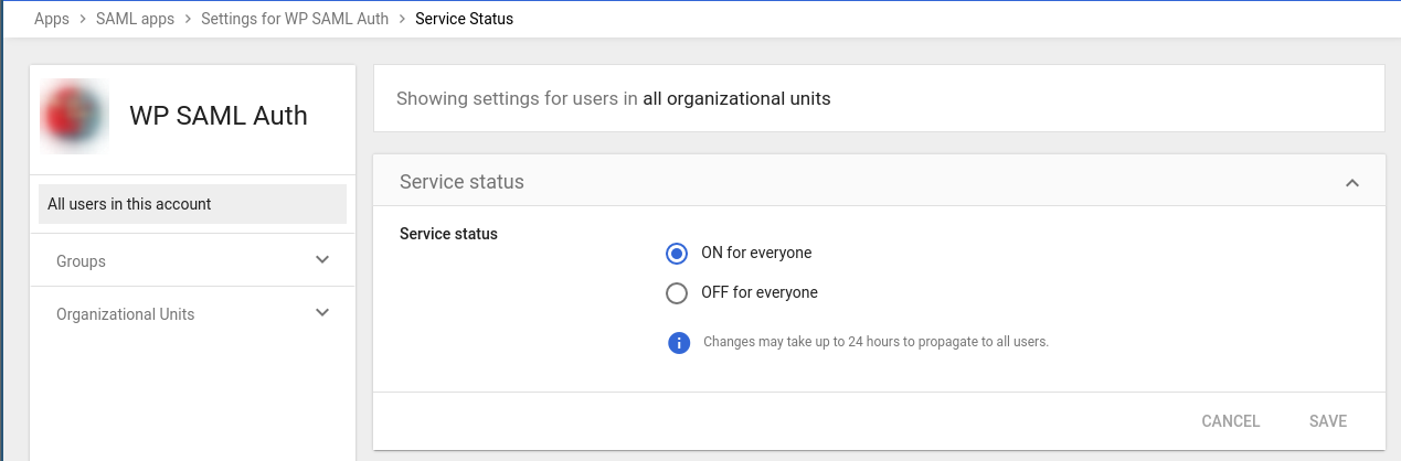 An image showing the new SAML service on for all users