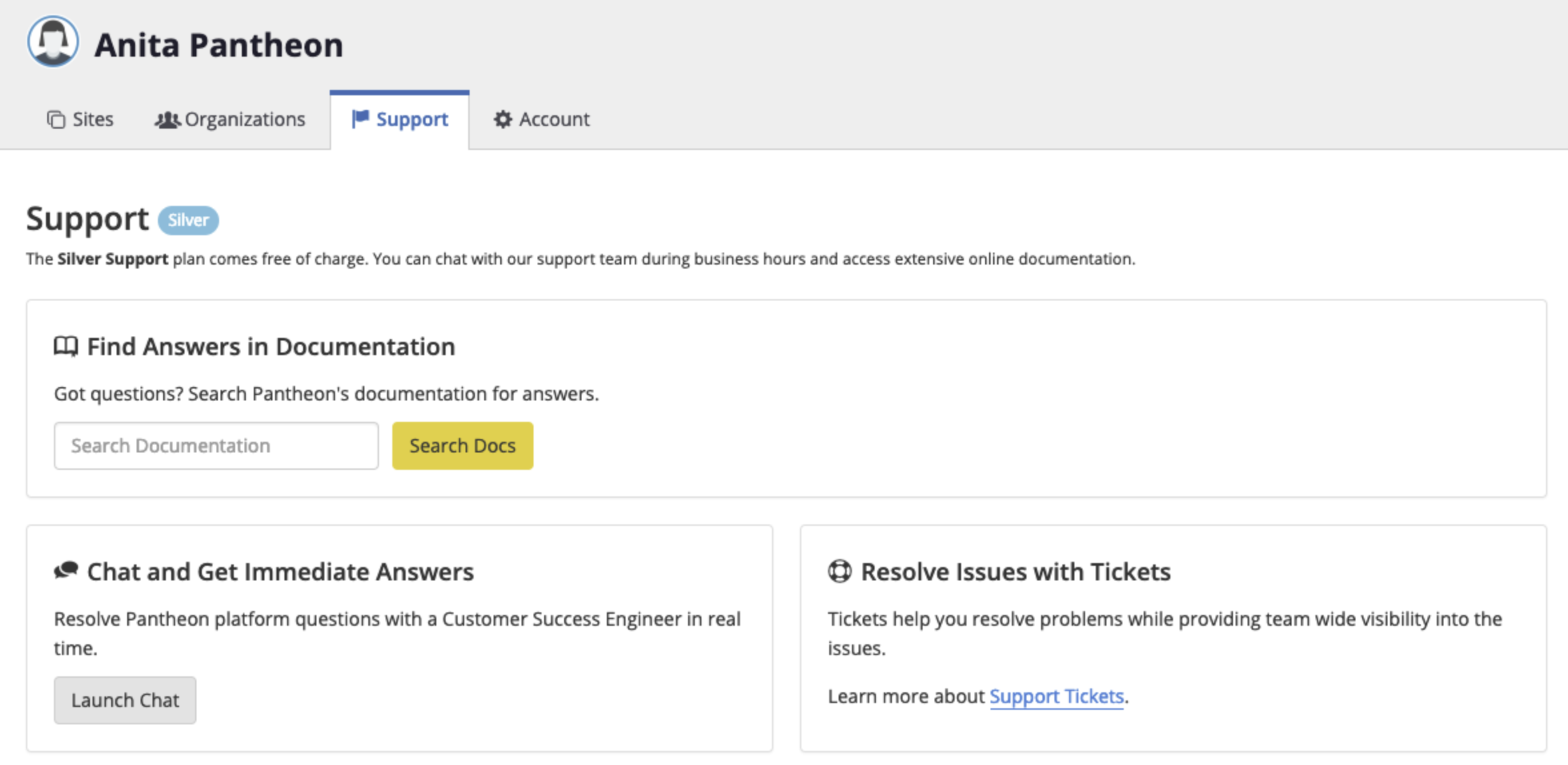 Screenshot of the Support Tab