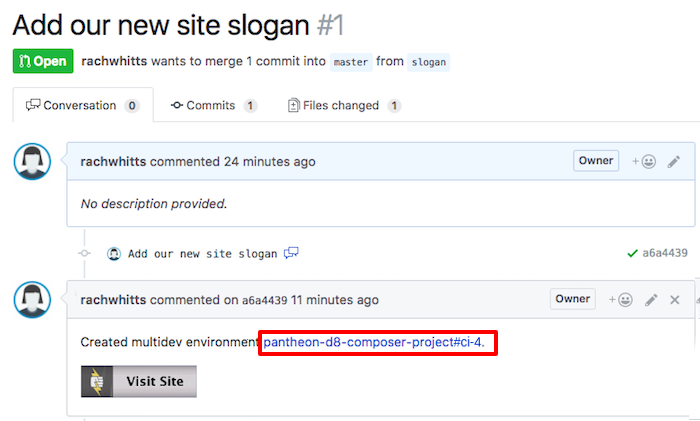 Visit Site button in pull request comment