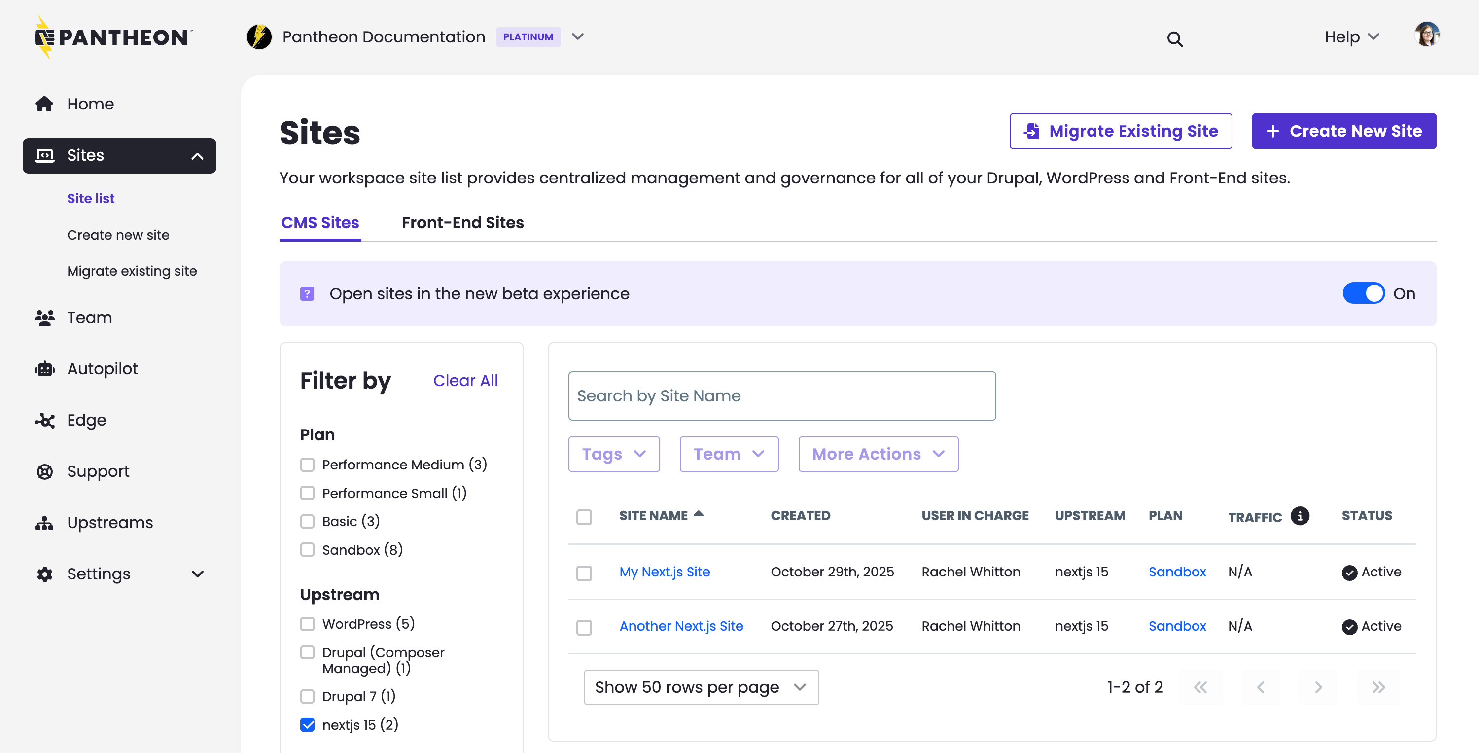 Pantheon Workspace showing 2 Next.js sites